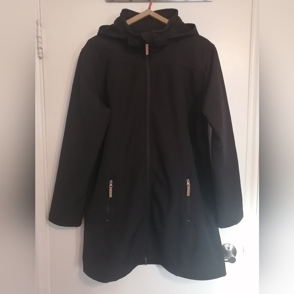 EUC Black Hooded Fleeced Neoprene Type Wind Breaker Spring Jacket XL Trenchcoat